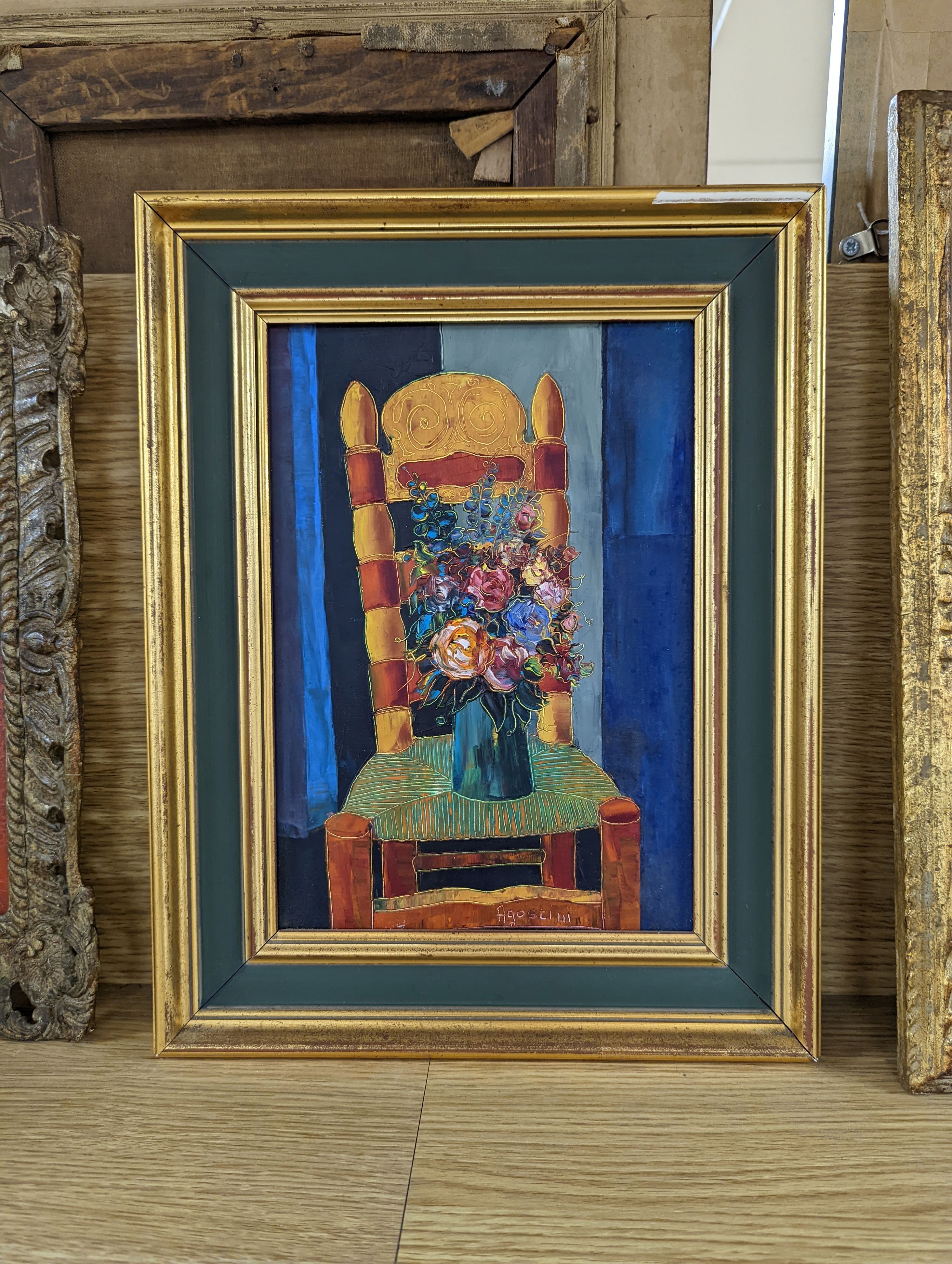 Tony Agostini (1916-1990), oil on canvas, Still life of flowers in a vase upon a chair, signed, 26 x 18cm